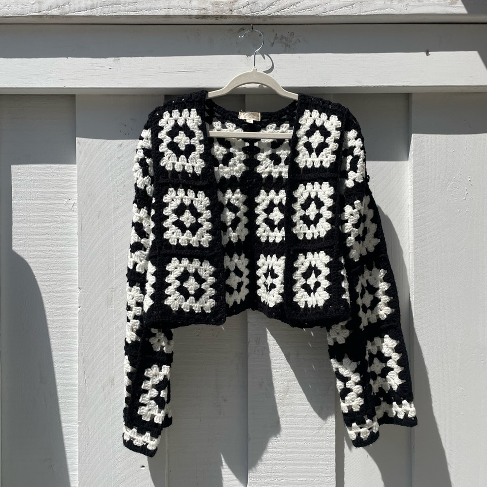 Black and White Geometric Cardigan Sweater